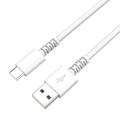 USB-A to Cタイプのホワイトケーブルのコネクタと端子部分