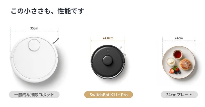 一般的なロボット掃除機とK11+ Pro、24cmプレートのサイズ比較図