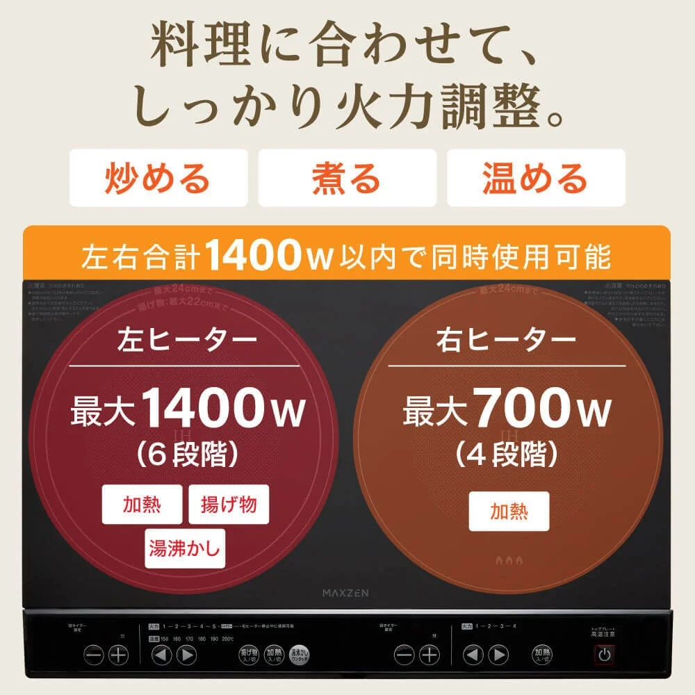 MIHS-TI140D(二口タイプ)の火力調整機能と左右ヒーターの出力を説明した図