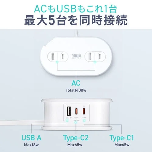 700-TAP094WのAC差込口2個とUSBポート3個の配置と出力仕様
