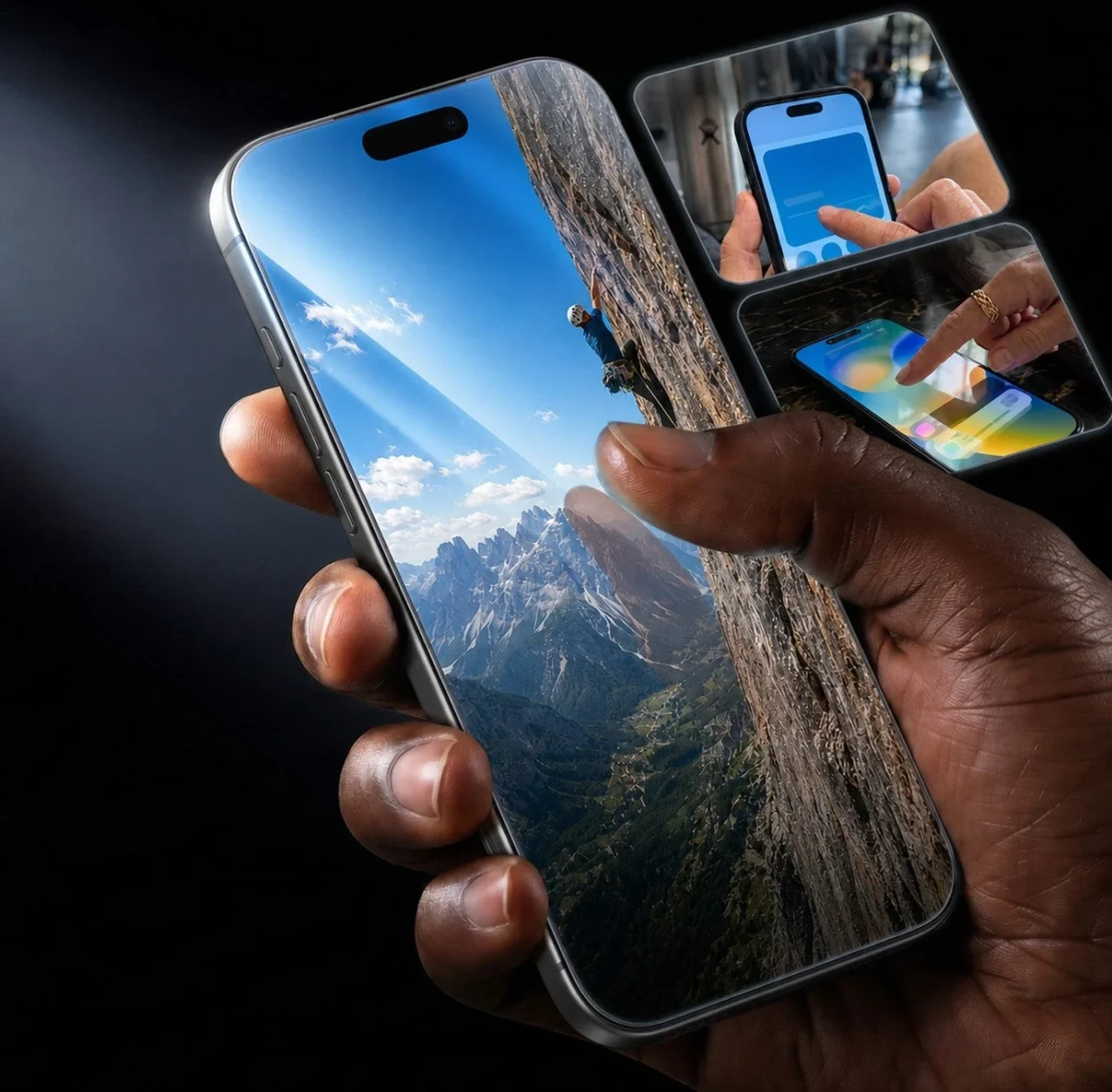 ガラスッキリの撥油コーティングとケース併用を指先で示すiPhone 18 Pro