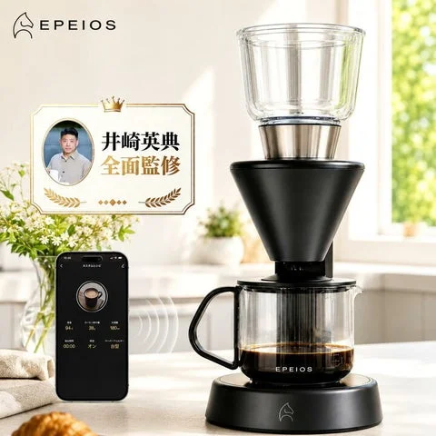 スマートコーヒーメーカーMocca。バリスタ監修のロゴとアプリ連携画面が表示されたスマホが添えられて