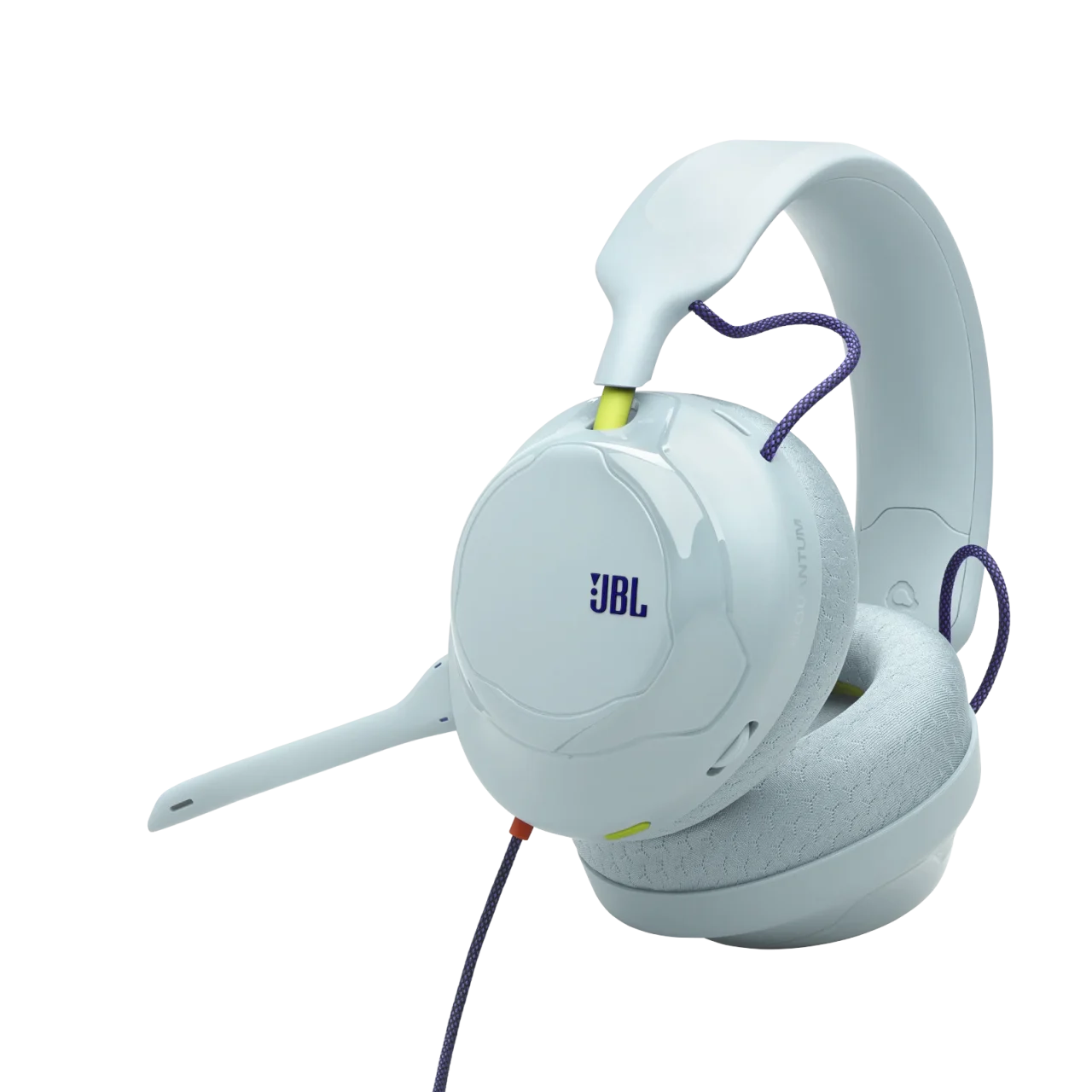 JBL Quantum 120のアイスカラー外観。着脱式ブームマイクとファブリックイヤーパッドを備え