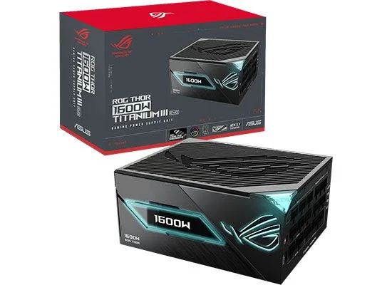 ROG-THOR-1600T3-GAMING-EVOの本体とパッケージ。黒い筐体に青い発光ロゴと1600W表示。