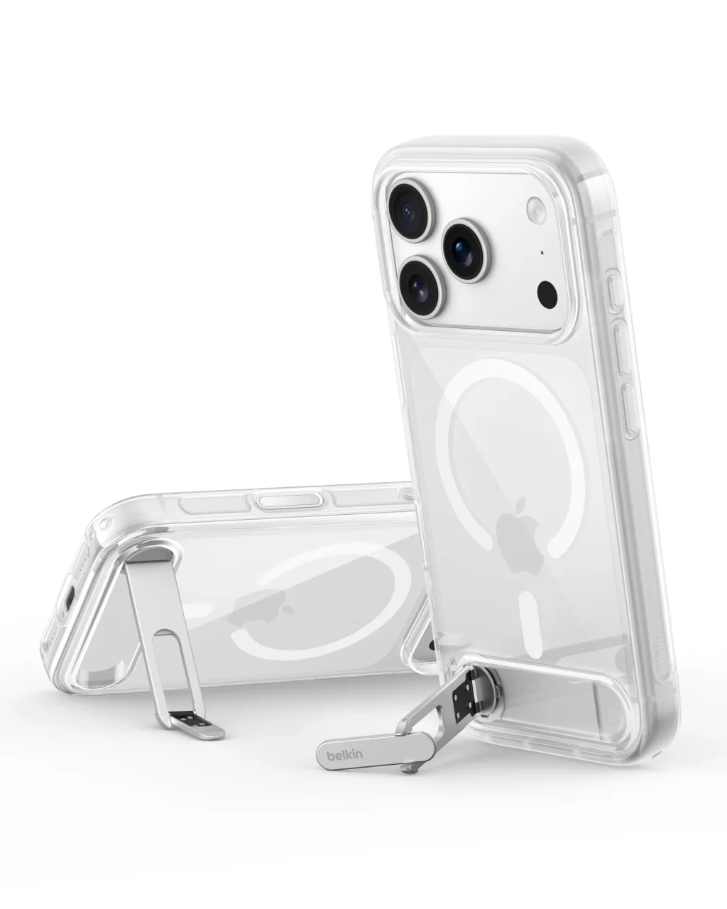 SheerForce™ Clearシリーズ（キックスタンド付き）の透明ケースと金属製スタンド