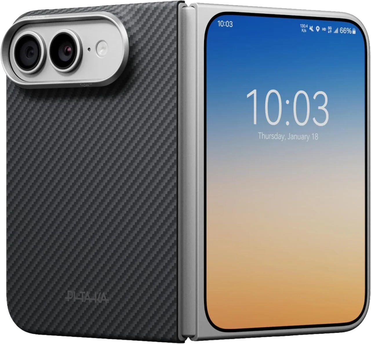 Edge Case（エッジケース）のブラック/グレーカラー。折りたたみ型iPhone「iPhone Duo」に装着した状態。