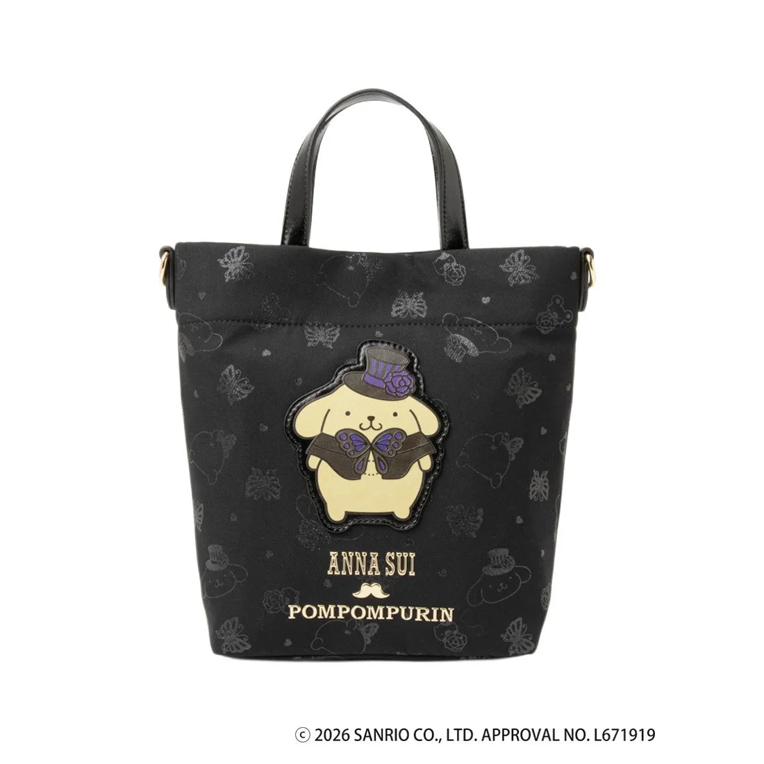 ANNA SUI×ポムポムプリン ミニショルダー。黒地にシルクハット姿のポムポムプリンとロゴ。