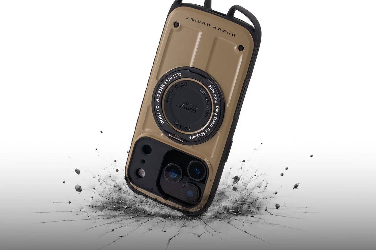 ROOT CO. GRAVITYシリーズPlus.モデルの耐衝撃iPhoneケース。背面にMagSafe対応リングスタンドを備え、落下時の衝撃吸収を表現したビザ