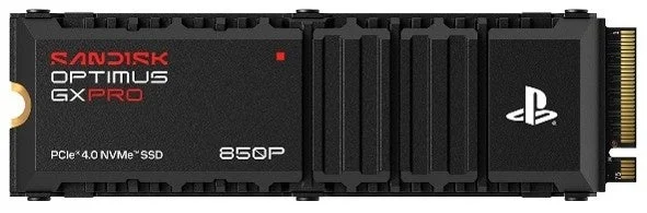 SANDISK Optimus GX PRO 850P NVMe SSDの黒い本体とPS5ロゴ