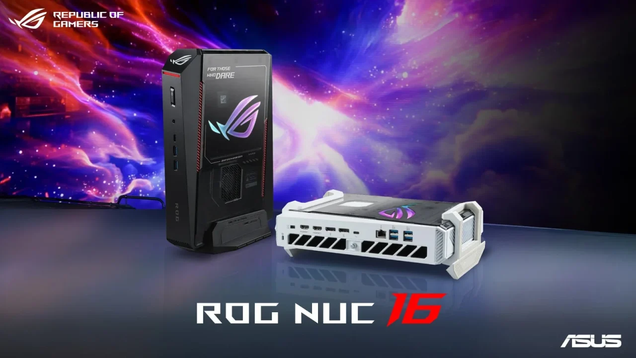 ROG NUC 16の縦置きと横置きを、宇宙を思わせる背景で展示した製品ビジュアル
