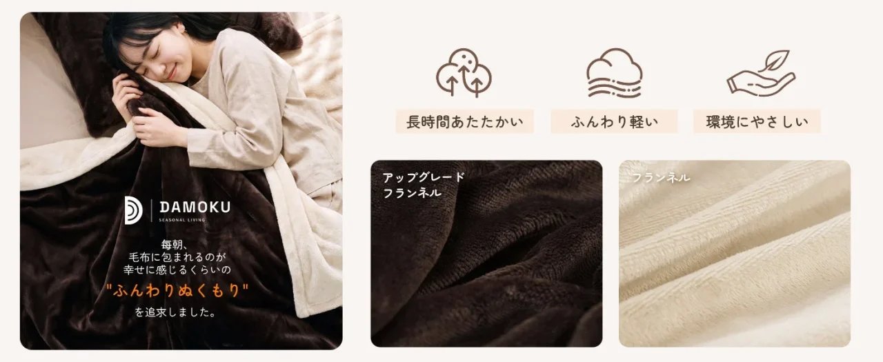 DAMOKU掛け敷き兼用電気毛布の肌ざわりと素材のアップ画像