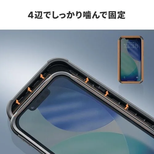 iPhone 17e/16e専用耐衝撃ケースの角部構造と四辺固定の図