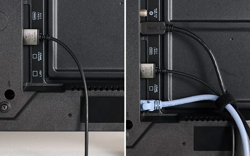 テレビ背面のHDMIポートに接続されたスーパースリムHDMIケーブル