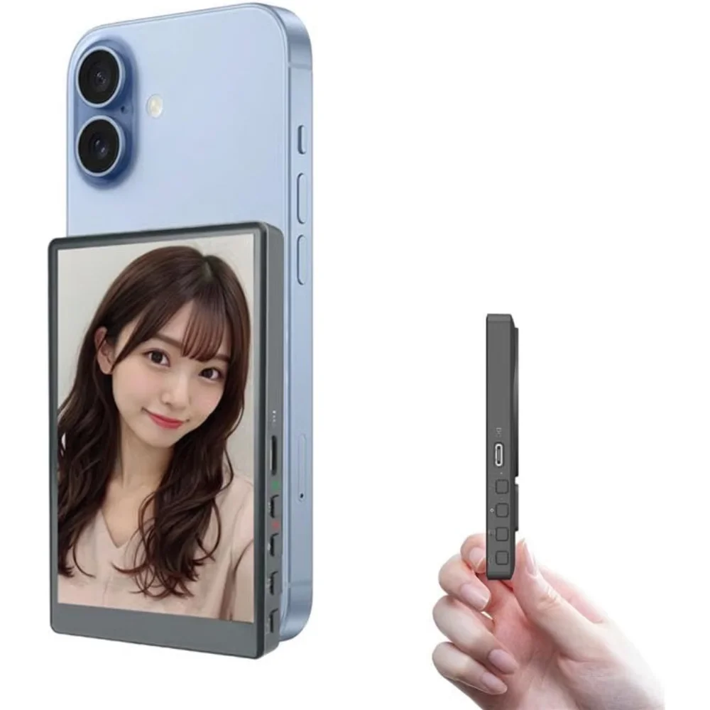 スマホ用自撮りモニターCamee AN-S151Eの本体と、iPhone背面に装着した状態