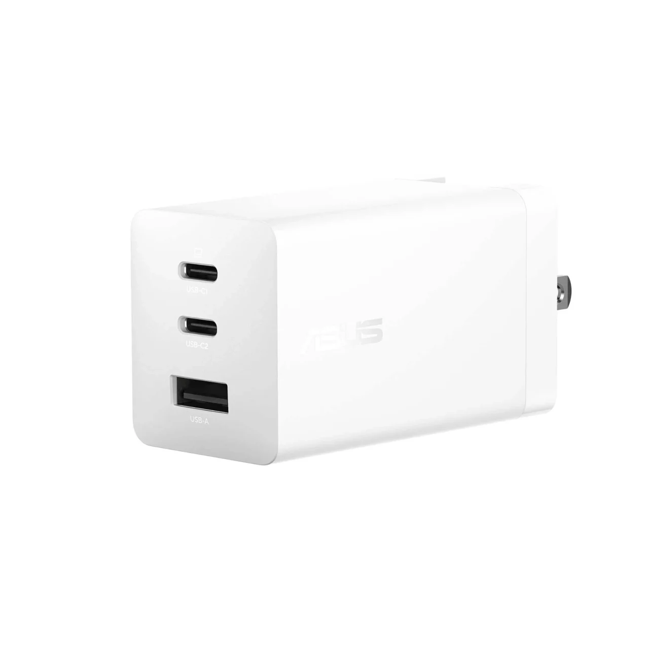 ASUS 100W USB-C GaN Chargerの白い充電器。USB-CとUSB-Aポートが確認できる。