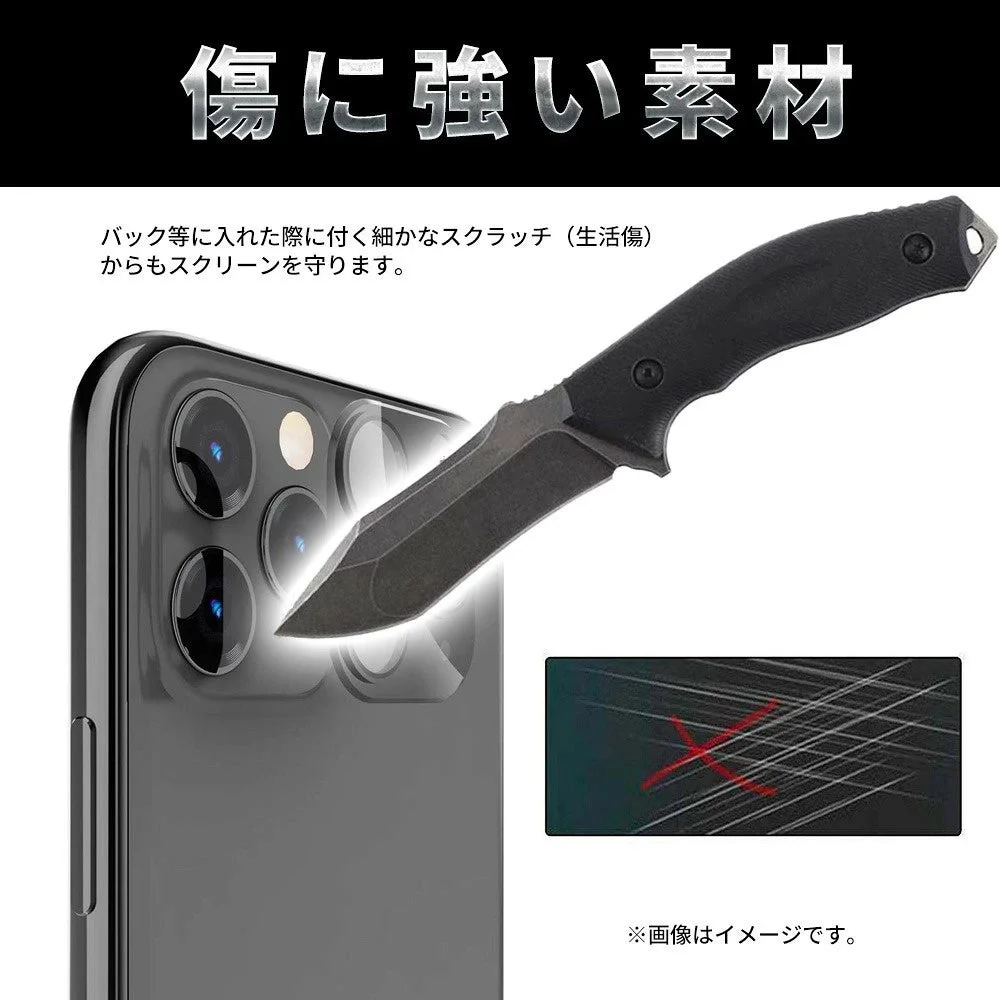 FIRMEカメラレンズ保護フィルムの耐傷性を示す、ナイフがスマホのカメラレンズに接触するイメージ画像