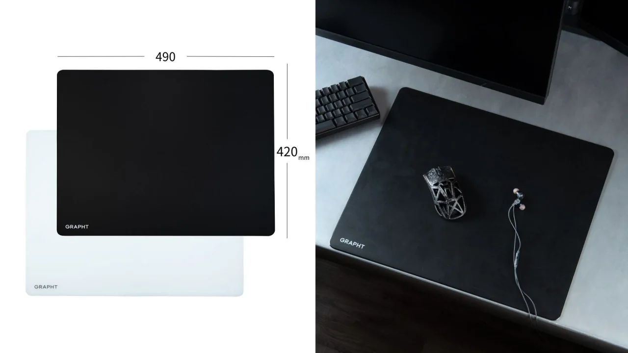 THE SHOOTER - Glass Mouse Pad Nexusのサイズ図と、マウスを置いたデスク上の使用例
