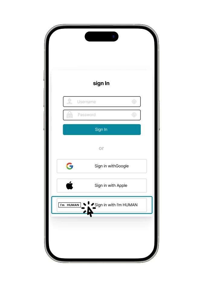 I'm HUMANのログイン画面で、認証オプションが選択されているスマートフォンの外観
