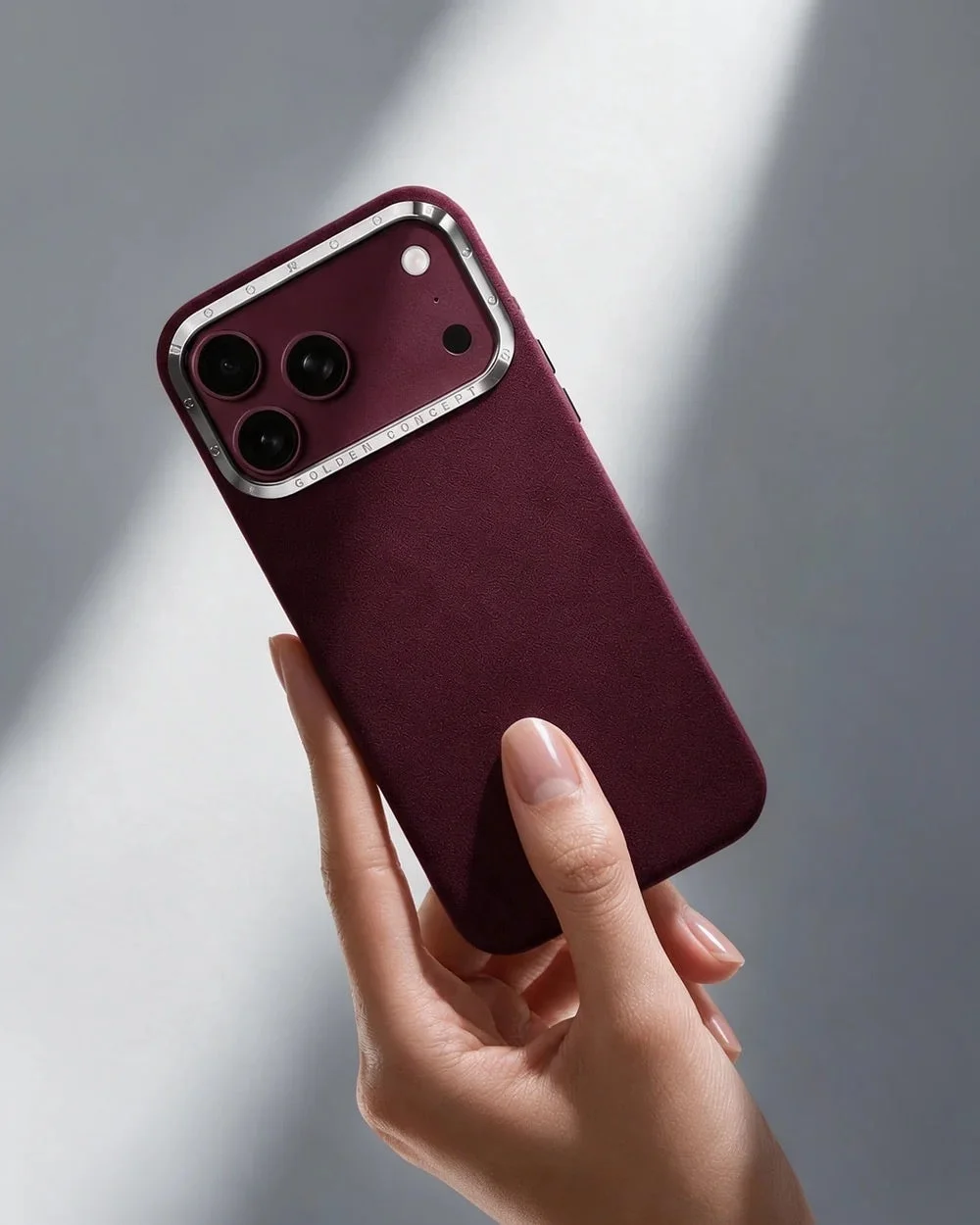 iPhone Case 17/18 Alcantara®のバーガンディカラー。手元で持った状態の背面とアルミフレーム。