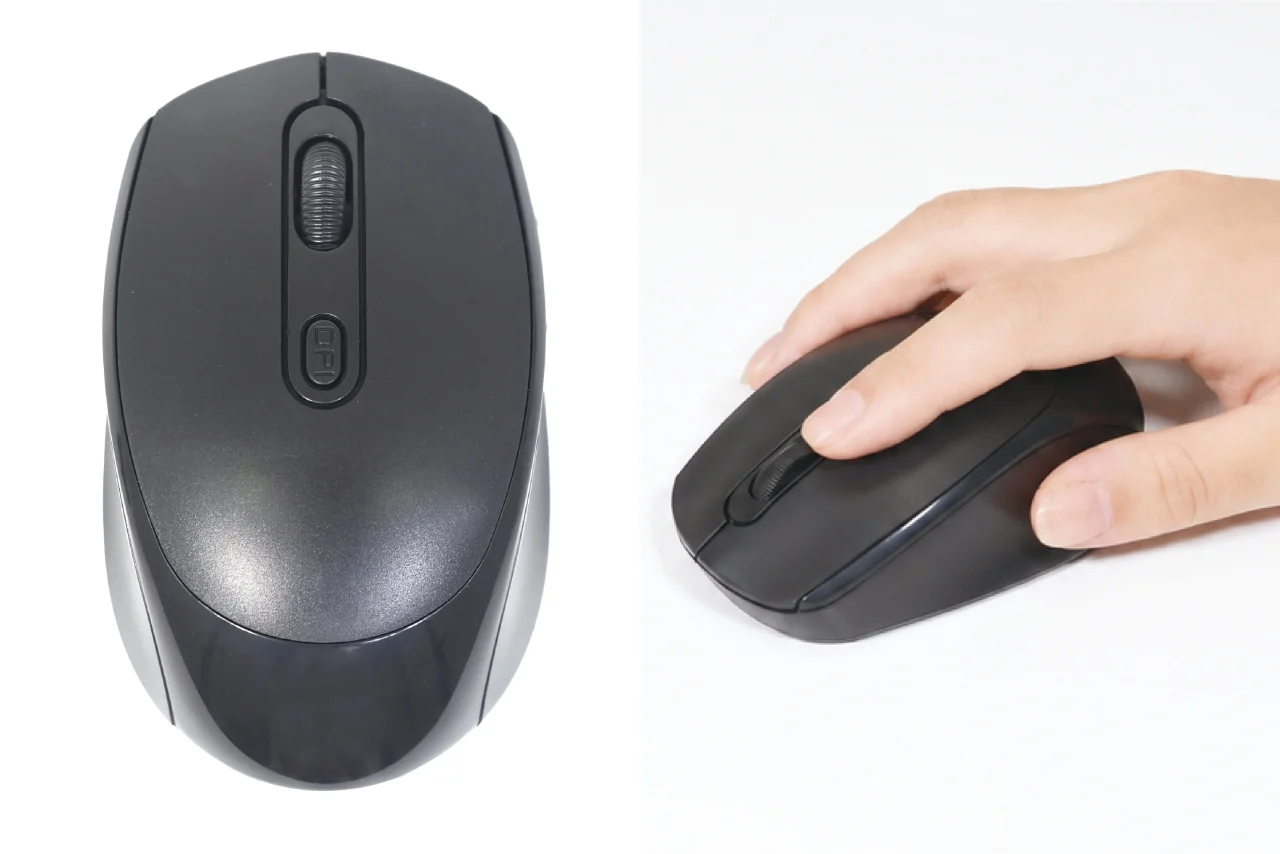 2WAYワイヤレスマウス サイレントプロのブラック本体と手元での使用例