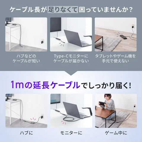延長ケーブルの利用前後を比較した利用シーン例。