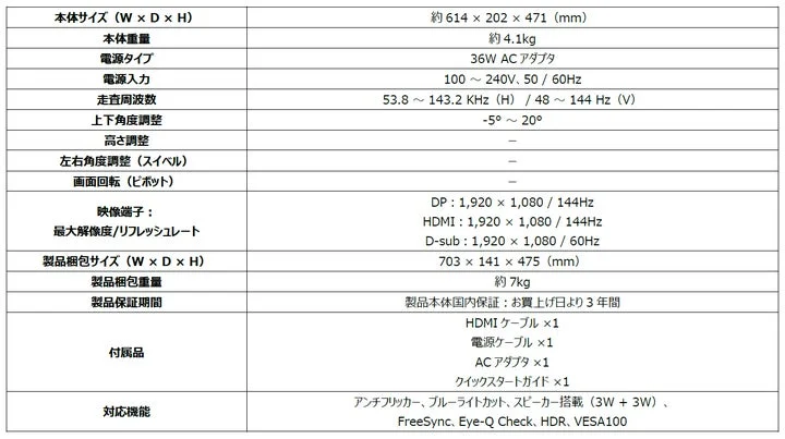 PRO MP273W E14AJPの仕様表（サイズ、重量、端子、対応機能）
