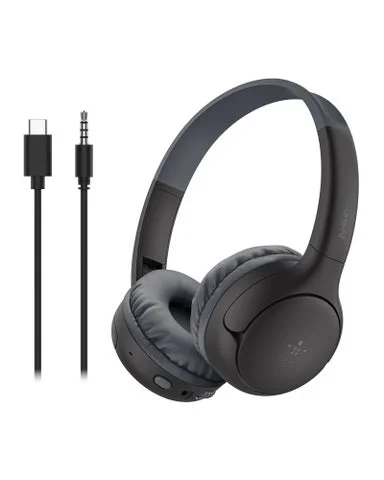 黒いSoundForm Mini 2ワイヤレスヘッドホンと3.5mmオーディオケーブル