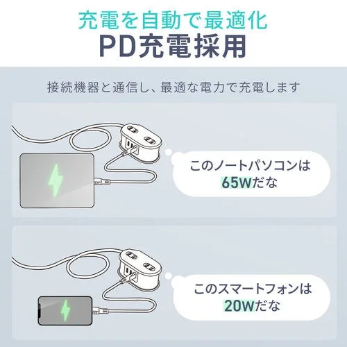 モバイルタップ700-TAP094WのPD充電によるノートPCとスマホへの自動最適化給電の図