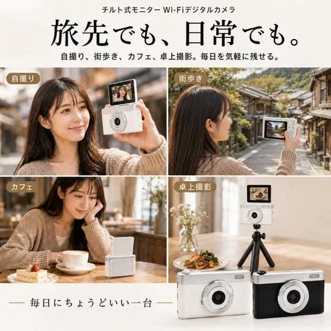 自撮り、街歩き、カフェ、卓上撮影など、様々な利用シーンを紹介するコラージュ画像。