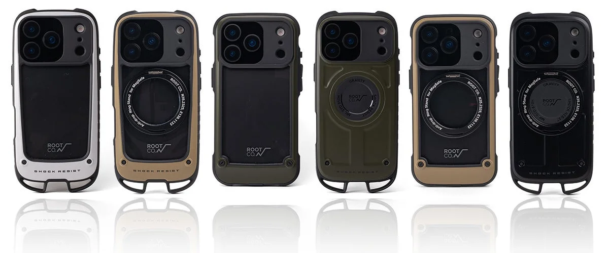 ROOT CO. GRAVITYシリーズの耐衝撃iPhoneケース6種を並べた画像