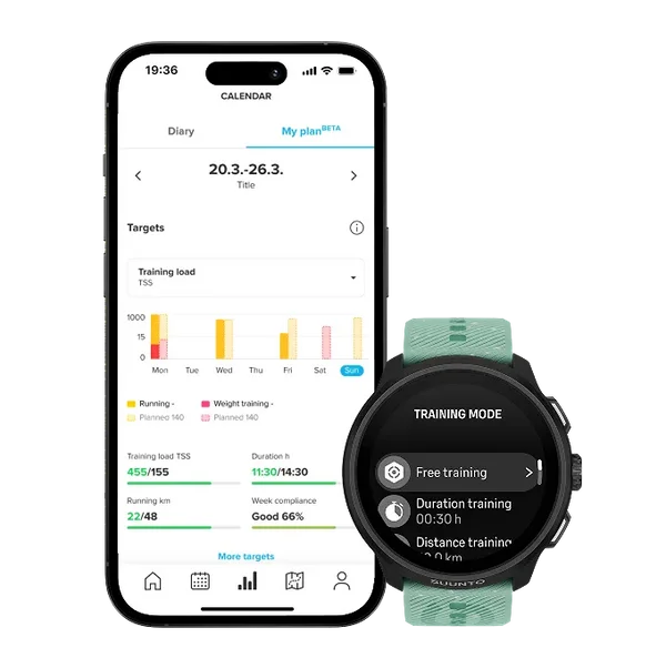 Suunto Coachのアプリ画面とSuunto Run 2のトレーニングモード画面
