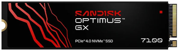 SANDISK Optimus GX 7100 NVMe SSDの黒い本体と赤いライン