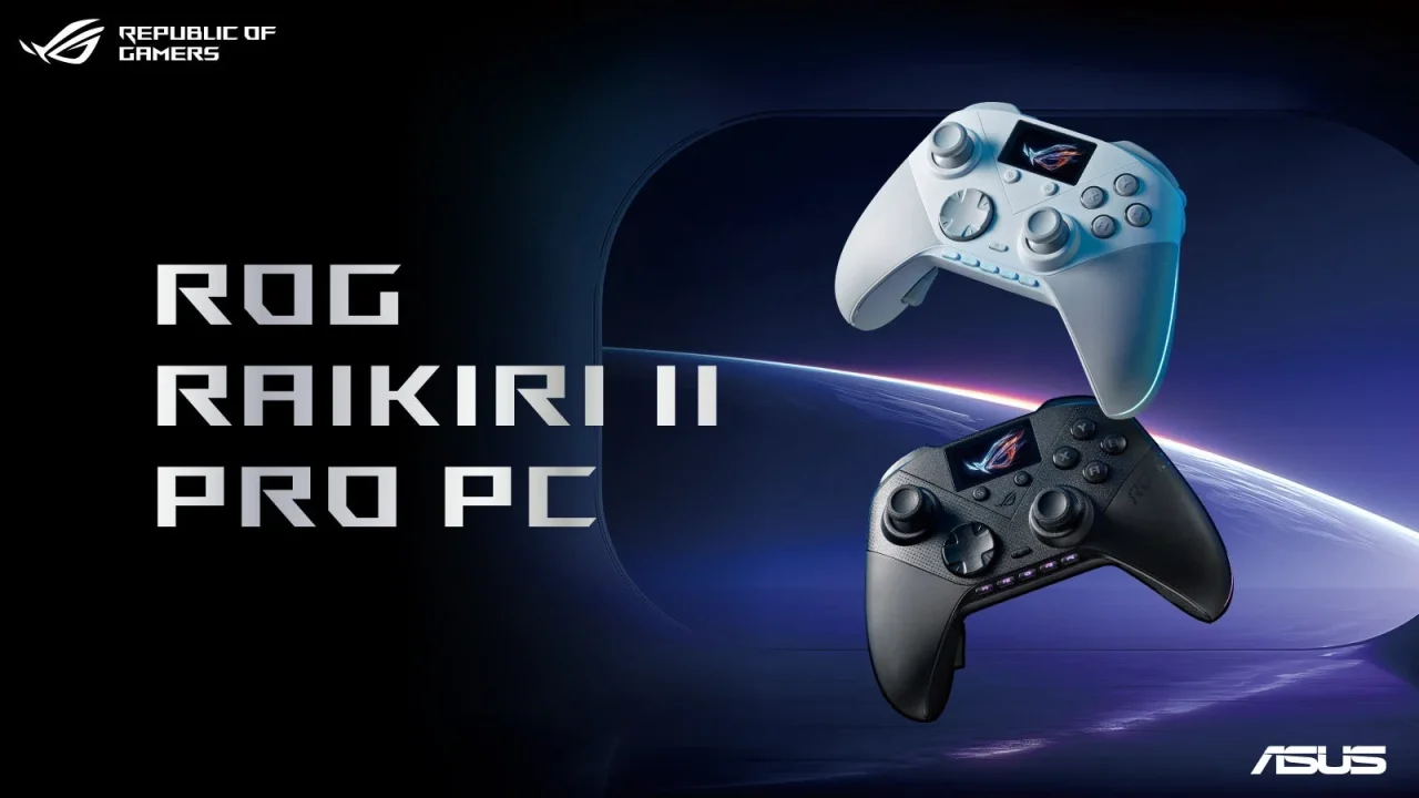 ROG Raikiri II Pro PCの白と黒のコントローラー2台と製品名