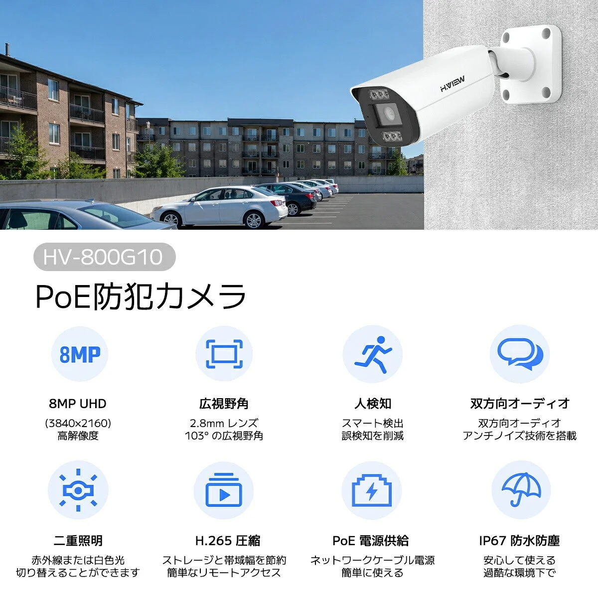 HV-800G10搭載4K防犯カメラの設置例と機能一覧