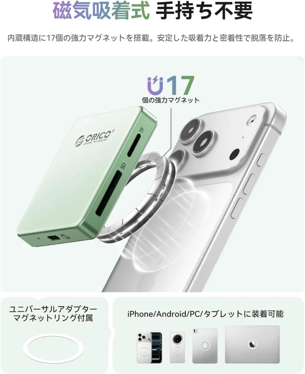 ORICO 5 in 1 磁気吸着式カードリーダー & M.2 ハードディスクケースの磁気吸着構造と対応デバイス
