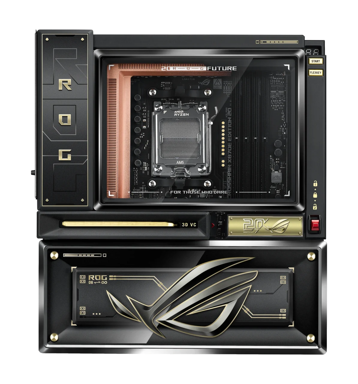 ROG Crosshair X870E EDITION 20の背面と20周年記念バッジ