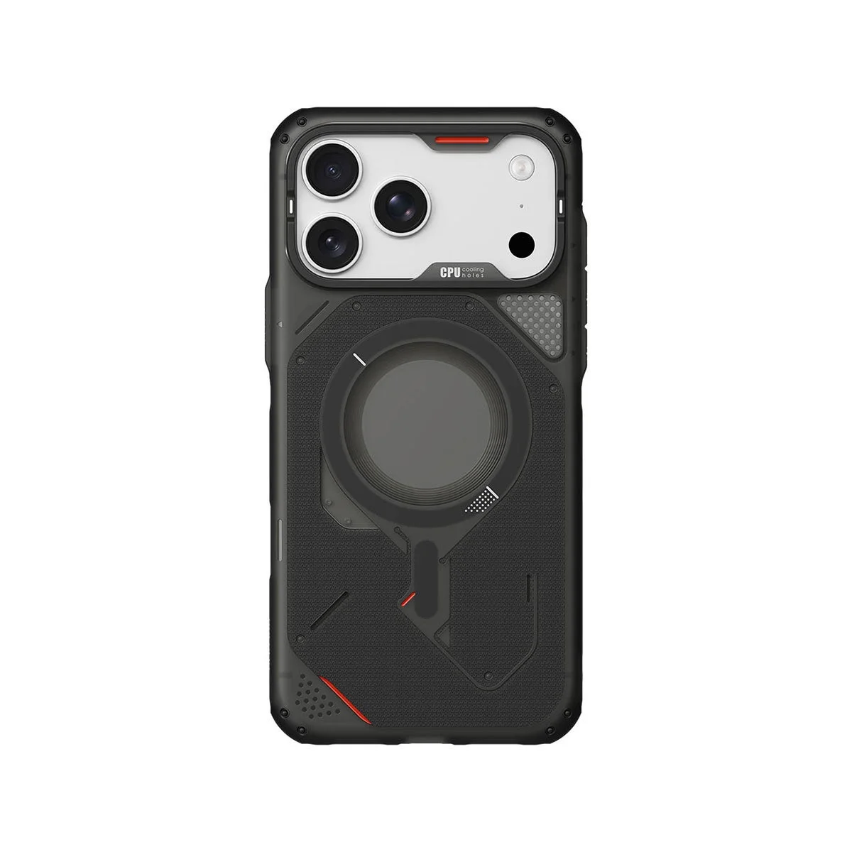 A18 アウトドア MagSafe対応ケースの背面。黒いボディに赤いアクセントとメカニカルなデザイン。