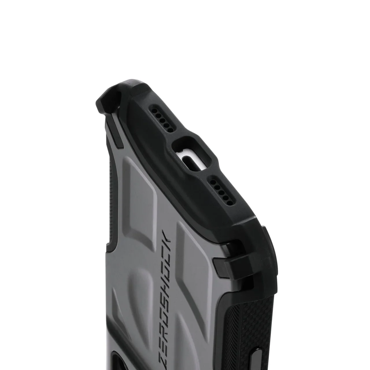 ZEROSHOCK TOUGHシリーズiPhoneケースの側面と上部。黒いバンパーとグレーの背面、ZEROSHOCKロゴが確認できる。