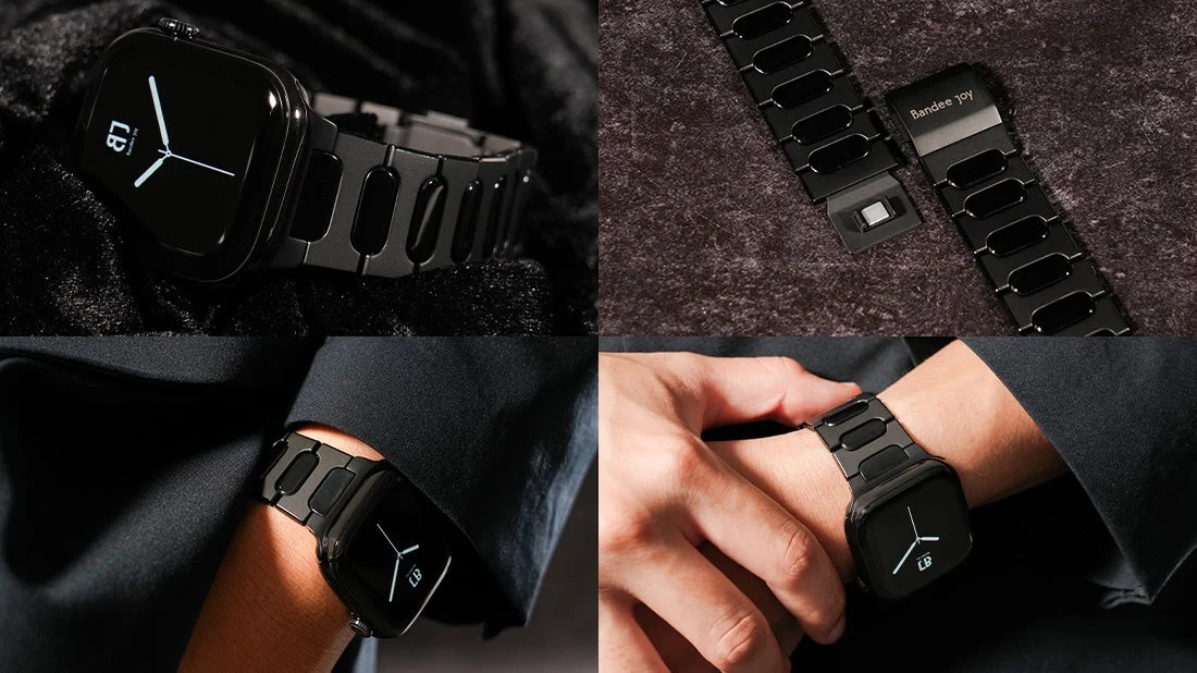 BJ-007 BRIGHT - Blackの4枚組写真。Apple Watch装着、バンド単体、手首装着の各アングル。
