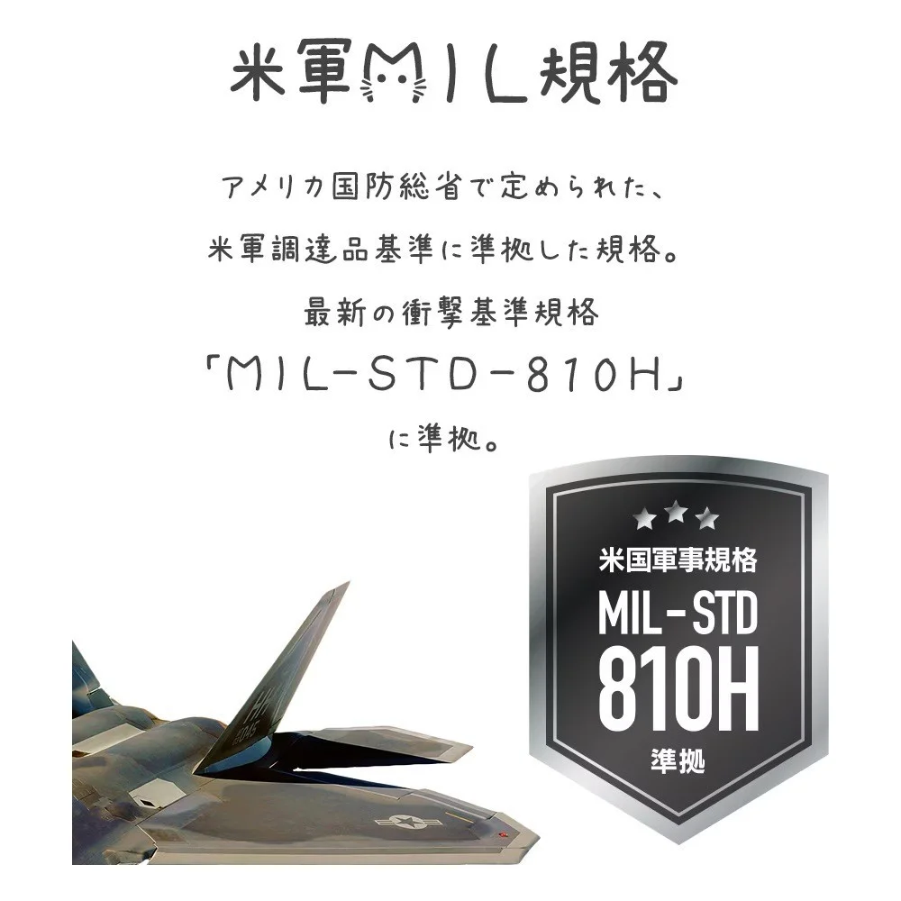 米軍MIL規格MIL-STD-810H準拠を示すmimiケースの耐衝撃性能図