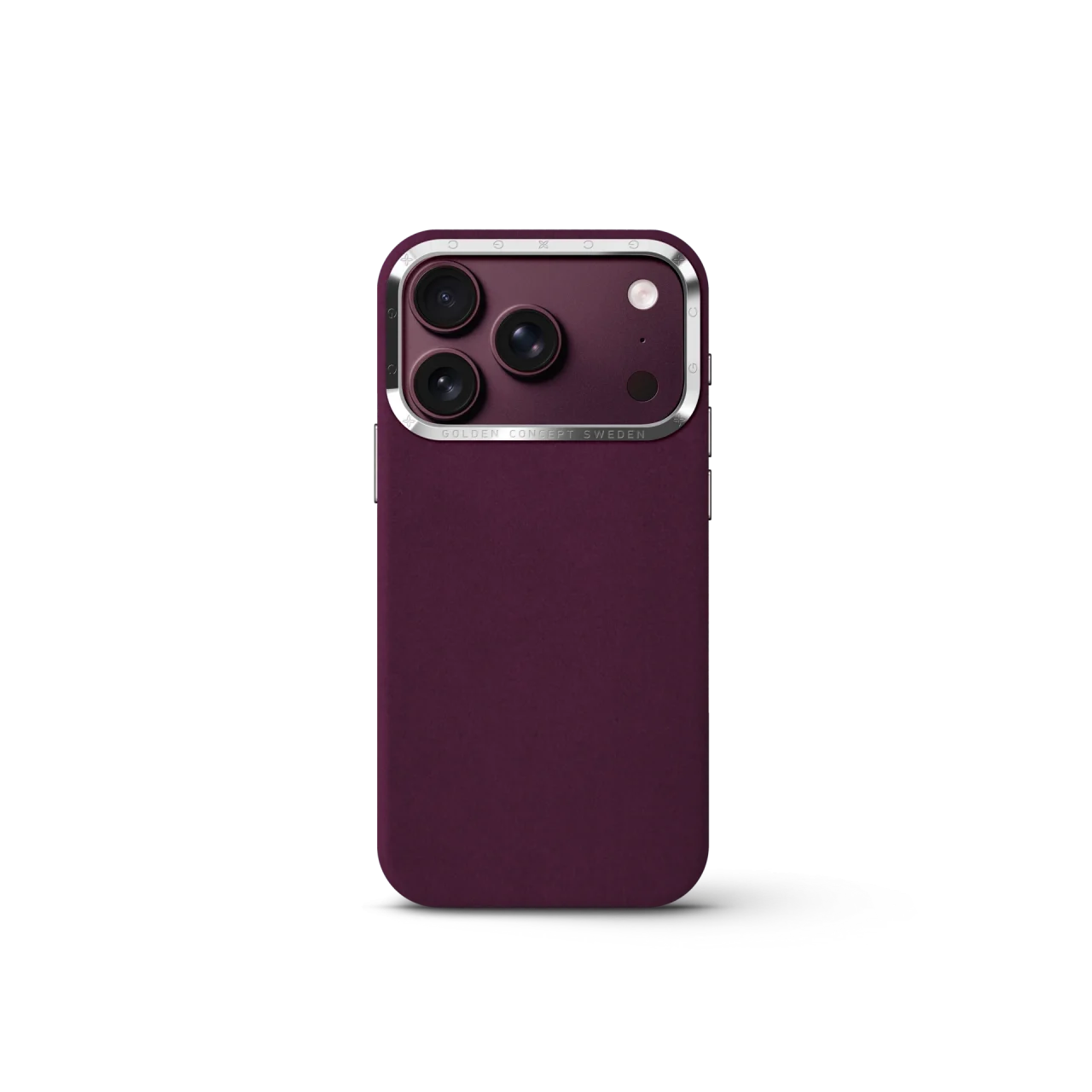 iPhone Case 17/18 Alcantara Burgundyの背面。マットな質感とアルミフレーム。