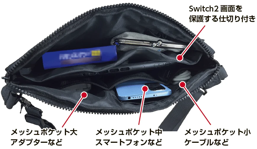 バッグ内部の収納スペースと仕切り、ポケットの配置