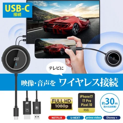 USB-C接続のワイヤレスHDMI送受信機とスマホ・テレビの接続イメージ