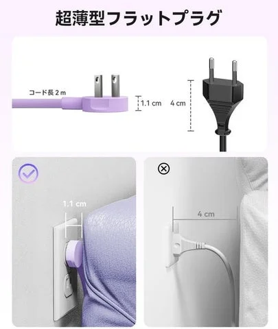 薄型フラットプラグの厚み比較と、家具の隙間への設置例