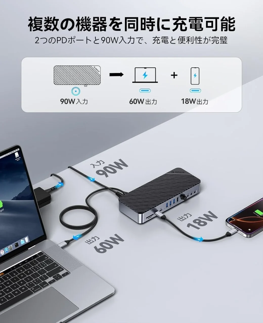 ORICO 20-in-1 USB-Cドッキングステーションの90W PD充電機能と複数機器同時充電