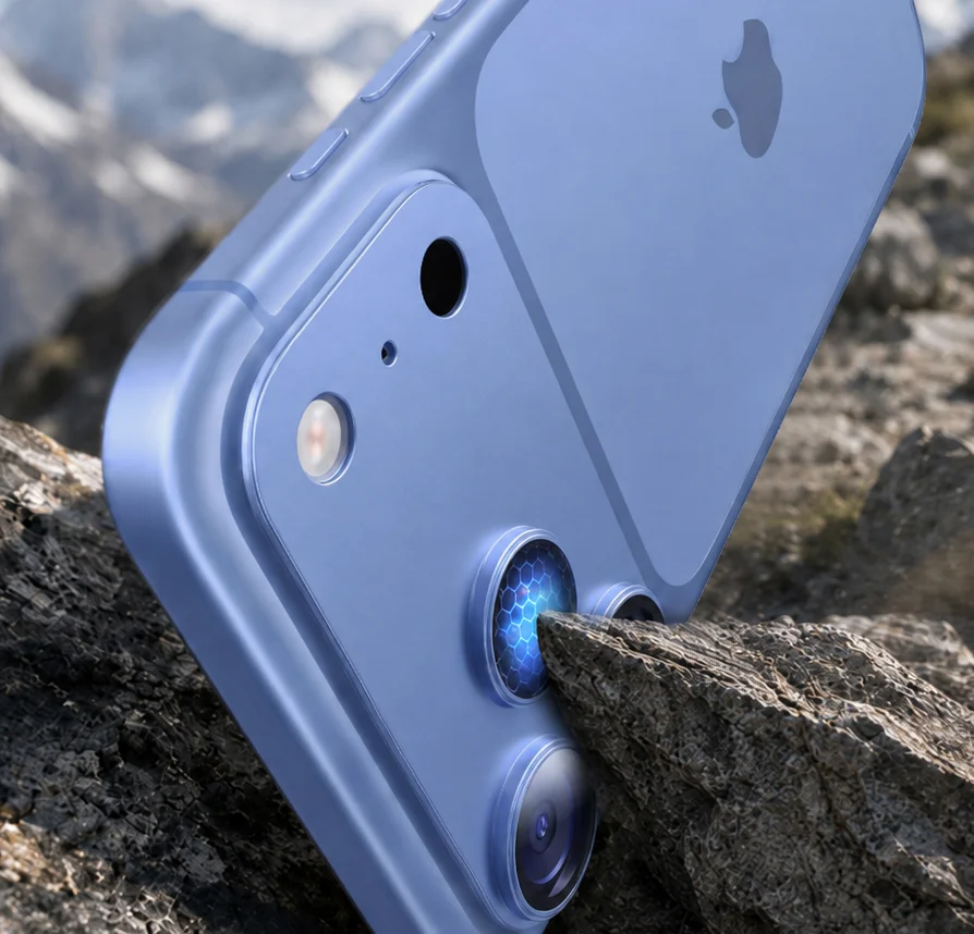 CameraGoのフルカバー設計で、iPhoneのカメラユニット全体を保護する様子