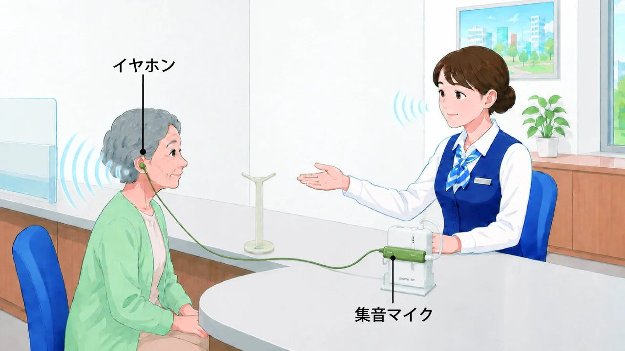 窓口で利用者がイヤホンと集音マイクを使用するイラスト