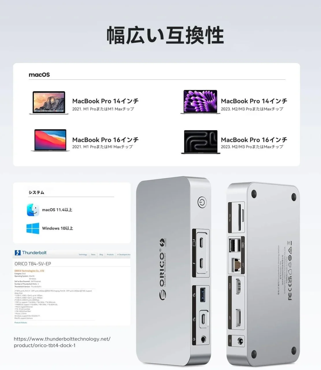 ORICO 12-in-1 Thunderbolt 4 ドッキングステーションの互換性図とアルミ筐体製品写真