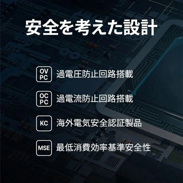 回路図を背景に安全設計の4項目をアイコン付きで示す情報図