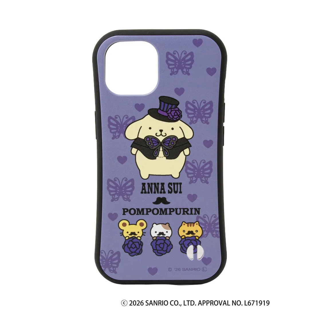 ANNA SUI×ポムポムプリン iPhoneケース。紫地にシルクハット姿のポムポムプリンとマフィンが描かれています。